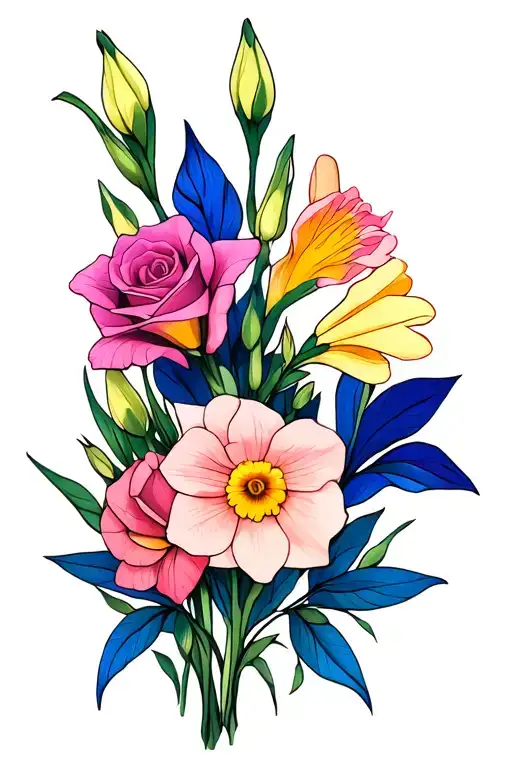 one gladiolus, one daffodil, sweet pea, rose bouquet tattoo design idea