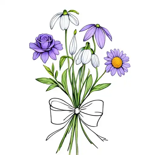 bouquet of a snow drop flower, violet flower, dafodil flower, daisy flower, and rose flower, tied together with a ribbon tattoo design idea