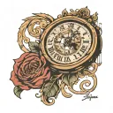 time clock with eye inside and dates in Roman tattoo design idea