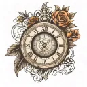 time clock with eye inside and dates in Roman tattoo design idea