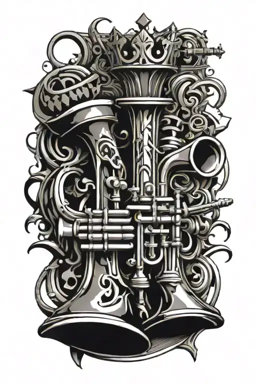 A trumpet intertwined with king chess piece tattoo design idea