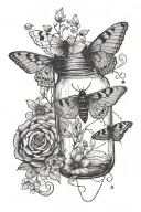 minimalist tattoo showing a chipped mason jar at the bottom and a pretty, lunar moth flying nearby, celestial things too tattoo design idea