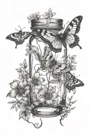 minimalist tattoo showing a chipped mason jar at the bottom and a pretty, lunar moth flying nearby, celestial things too tattoo design idea