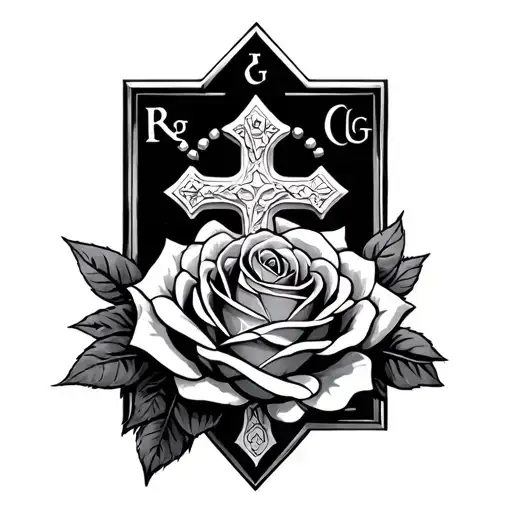 rose intertwined within his religion in his, cross, rosary with initials RG  tattoo design idea