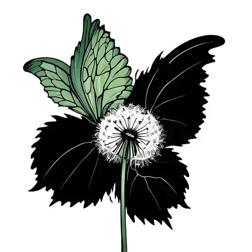 Single line outlines the butterfly outlines, the left wing transforms into mint leaf veins, and the right wing integrates into the dissipation track of dandelion pompoon tattoo design idea