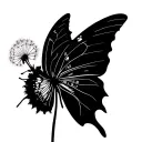 Single line outlines the butterfly outlines, the left wing transforms into mint leaf veins, and the right wing integrates into the dissipation track of dandelion pompoon tattoo design idea