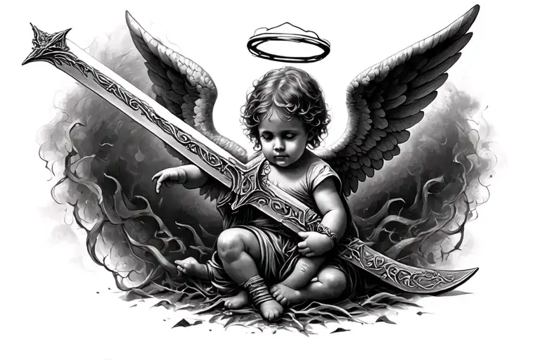 "For mines " baby angel with a mighty sword and a halo souronded by death and evil but still shining bright  tattoo design idea