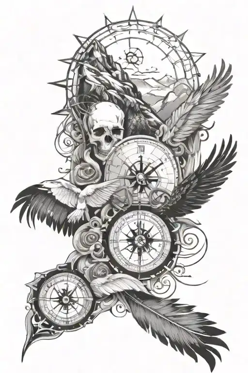 half sleeve tattoo with mountains with birds flying, a compass, feather pen, ink and a skull  tattoo design idea