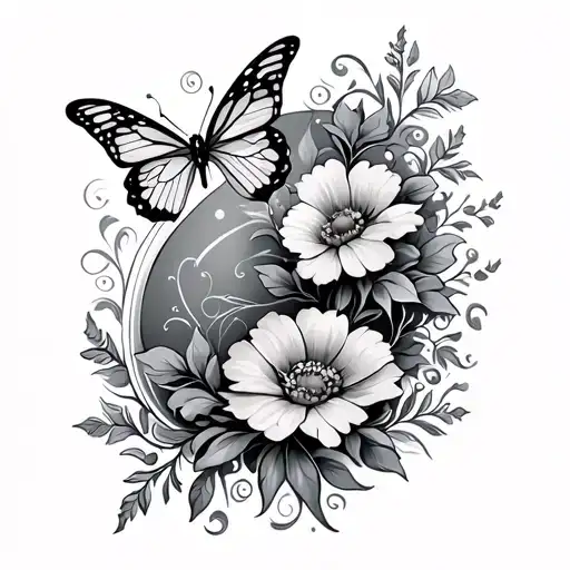 stomach tattoo featuring flowers, butterflies and swirls wide tattoo design idea