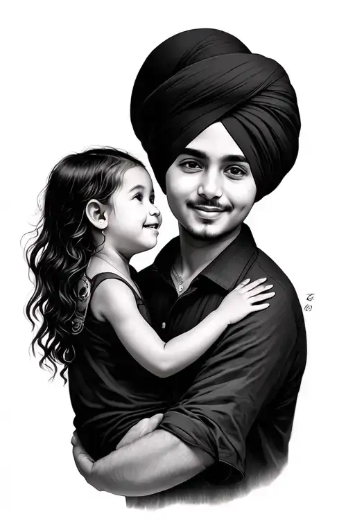 me with turban and my daughter ,my hand ,her date of  birth and time tattoo design idea