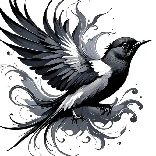 ink swirl with fantail bird in flight tattoo design idea
