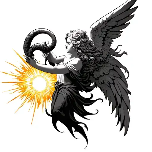 Angel with a horn and sun shining  tattoo design idea