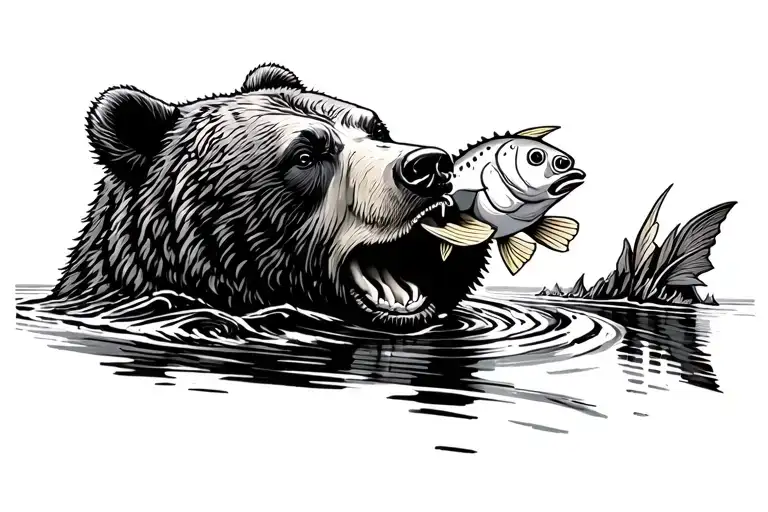 bear in river catching fish in mouth tattoo design idea