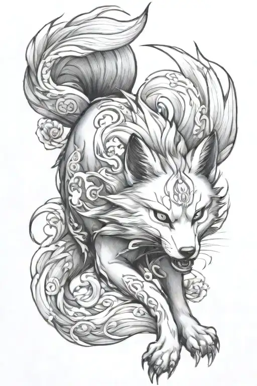Create a realistic, black-and-white Japanese-style tattoo design of a Kitsune, with a fierce and lifelike appearance, in tattoo design idea