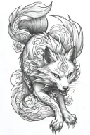 Create a realistic, black-and-white Japanese-style tattoo design of a Kitsune, with a fierce and lifelike appearance, in tattoo design idea