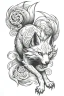 Create a realistic, black-and-white Japanese-style tattoo design of a Kitsune, with a fierce and lifelike appearance, in tattoo design idea