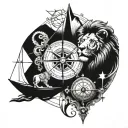 Compass with a lion and a boat sailing tattoo design idea