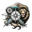 Compass with a lion and a boat sailing tattoo design idea