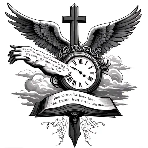 forearm tattoo with cross on the bottom and a  bible quote saying with a clock to show time and add clouds and angel fac tattoo design idea