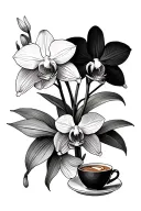 Fine line orchids with a cup of coffee as the base where they are planted tattoo design idea