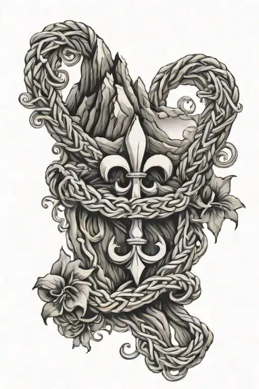 mountains and little stream with Fleur-de-lis intertwined within, rope running through tattoo design idea