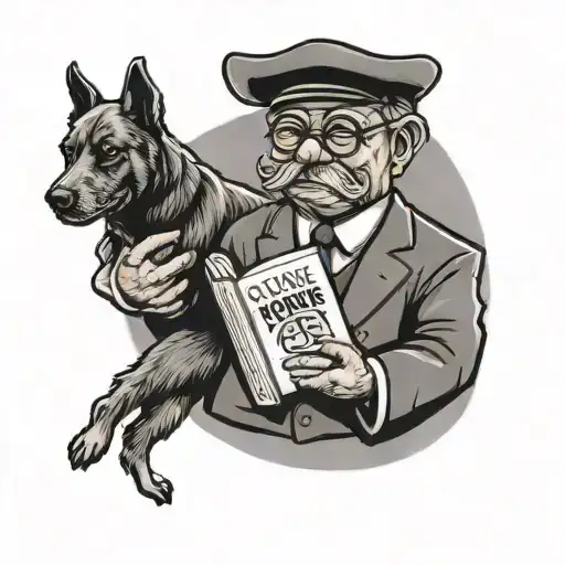 A black-grey tattoo of a professor holding a book, with a dog and Arsenal logo subtly incorporated into the design tattoo design idea