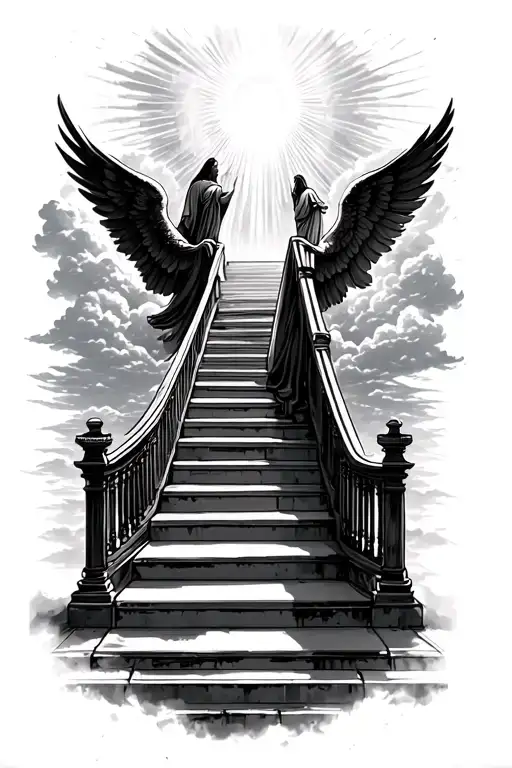 stairway to heaven walking up stairs angels sun rays clouds heaven gate at the top of the stairs  tattoo design idea