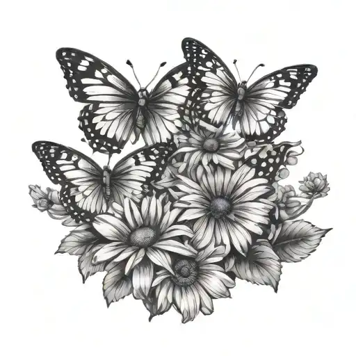3 butterflies and daisy flower mother daughter holding hands tattoo design idea