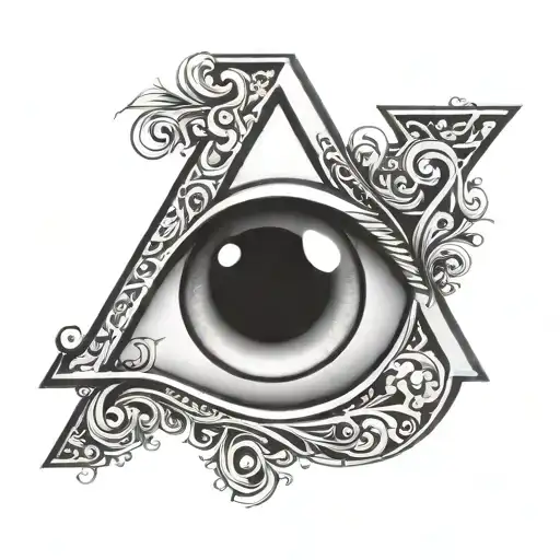 Main tattoo of a black and white letter A with an eye inside the letter tattoo design idea