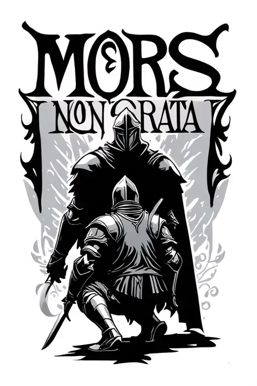 silhouette of a knight kneeling followed by the words MORS NON GRATA then a silhouette of a knight standing tattoo design idea