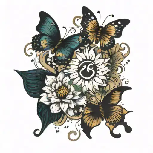 3 butterflies flying around  number 7 a lotus flower the eye of Horus and Taurus the bull sign and 3stars tattoo design idea