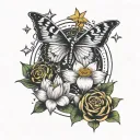 3 butterflies flying around  number 7 a lotus flower the eye of Horus and Taurus the bull sign and 3stars tattoo design idea