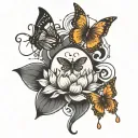 3 butterflies flying around  number 7 a lotus flower the eye of Horus and Taurus the bull sign and 3stars tattoo design idea