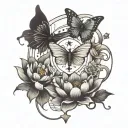 3 butterflies flying around  number 7 a lotus flower the eye of Horus and Taurus the bull sign and 3stars tattoo design idea