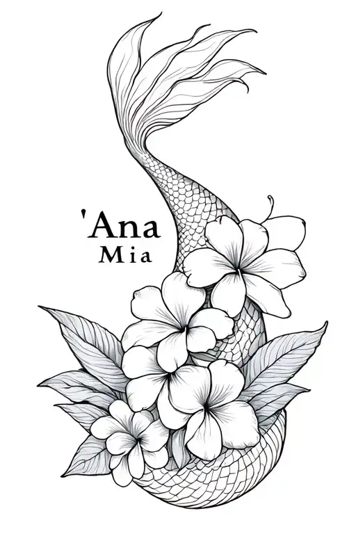 "Ana Mia" Mermaid tail and plumeria flower intertwined tattoo design idea
