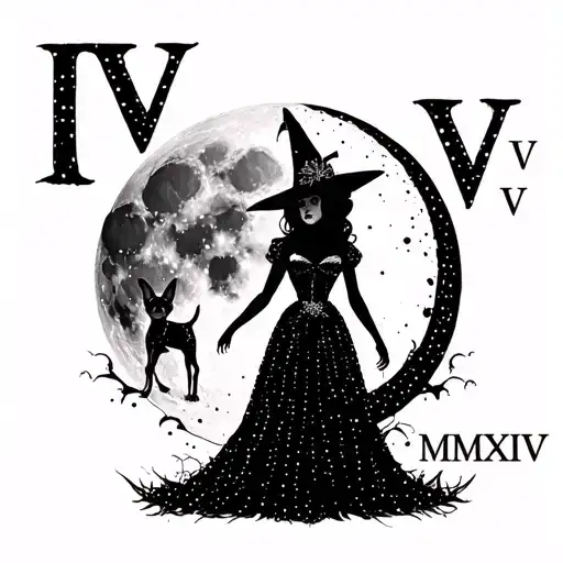 "IV - V - MMXIV" "IV - V - MMXIV" sexy witch bride with boston terrier silhouette over full moon tattoo design idea