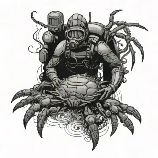 scuba diver with crayfish surrounded by intricate tattoo design idea