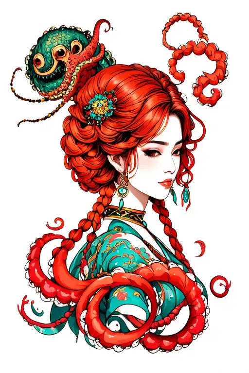 Beautiful Woman With red Hair, braids and beads And A kraken From Role-playing Game Tattoo tattoo design idea