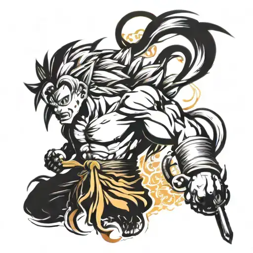Dragonball z goku, a samurai sword,  a lion looking magestic ,  some guns,  islam beautiful sunset or landscape full arm tattoo design idea