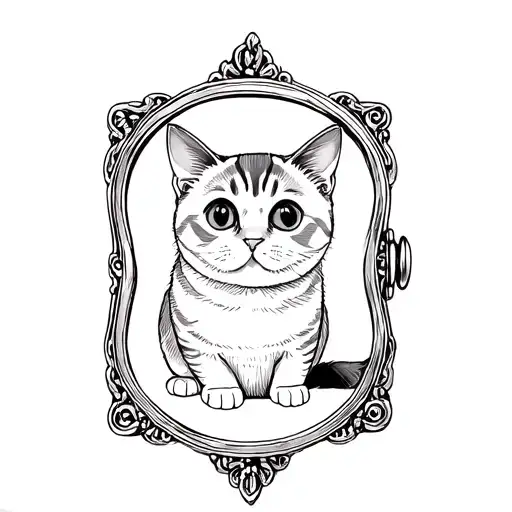 a vintage style locket or frame with a chubby British shorthair cat inside it tattoo design idea