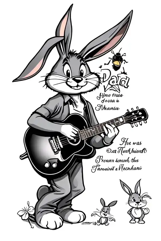 memorial tattoo for my dad with guitar strum as main focus in the center with bugs bunny, he was a transmission mechanic tattoo design idea