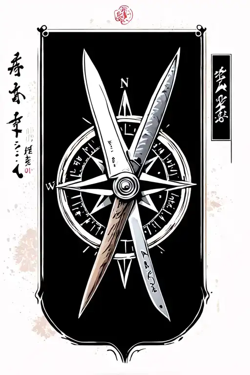 Japanese chef knives crossing compass tattoo  tattoo design idea