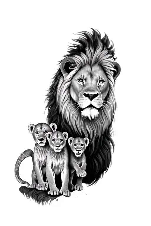 A full sleeve tattoo lion and 4 cubs tattoo design idea