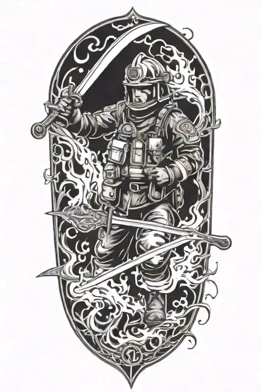 A powerful image of a firefighter wielding a sword against a backdrop of flames and religious symbols tattoo design idea