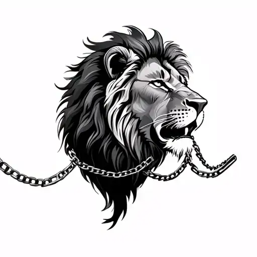 lions full body with chain around its neck needs to be realistic tattoo design idea