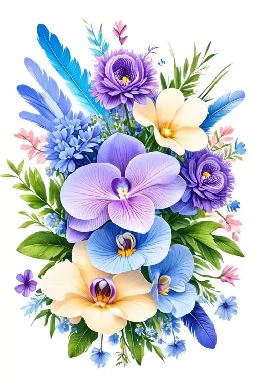 "a hui hou kakou" violets, primrose, asters and orchid bouquet with light blue, cream, lavender and light pink boho feathers  tattoo design idea
