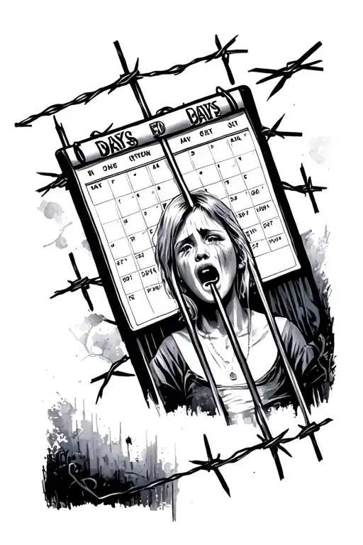 Jail bars with girl inside crying, a calendar inside with days crossed off and barbed wire all around the outside  tattoo design idea
