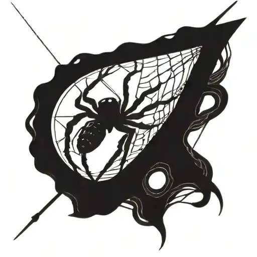 A detailed blackwork tattoo of a spider weaving a web in the shape of a fly fishing rod tattoo design idea
