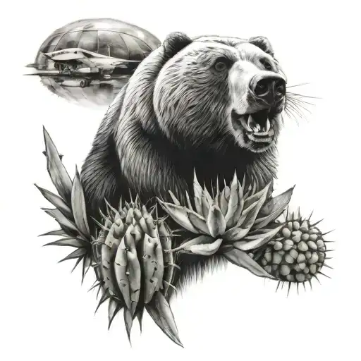 cactus, aviation, bear growling tattoo design idea