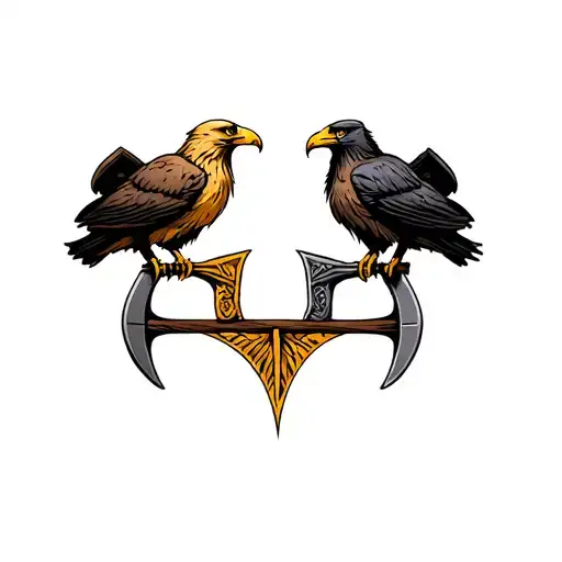 three birds sitting on horizontal viking axe. Birds are golden eagle, bald eagle, raven. Nordic tattoo design idea